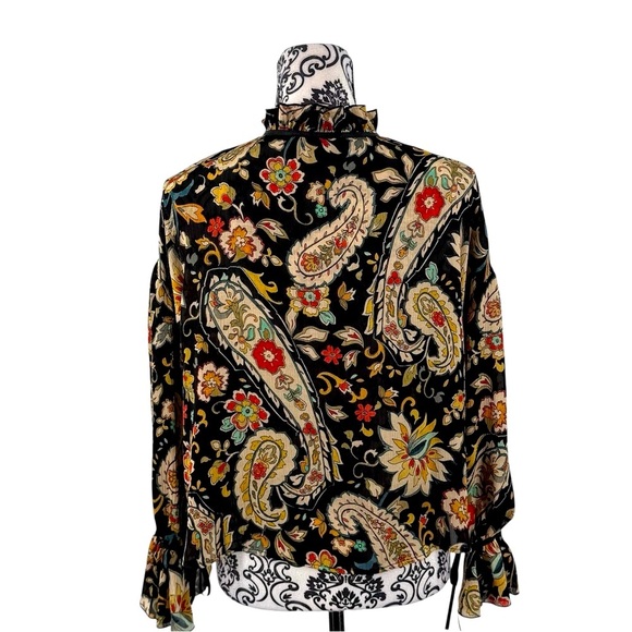 ZARA Floral Paisley Ruffle Boho Blouse Split V-Neck Tie Sleeve Top - Picture 9 of 15